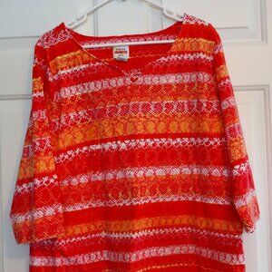 Women's Size 1X 3/4 Sleeve Top Cotton w. Stretch Yellow/Pink Machine Wash/Dry